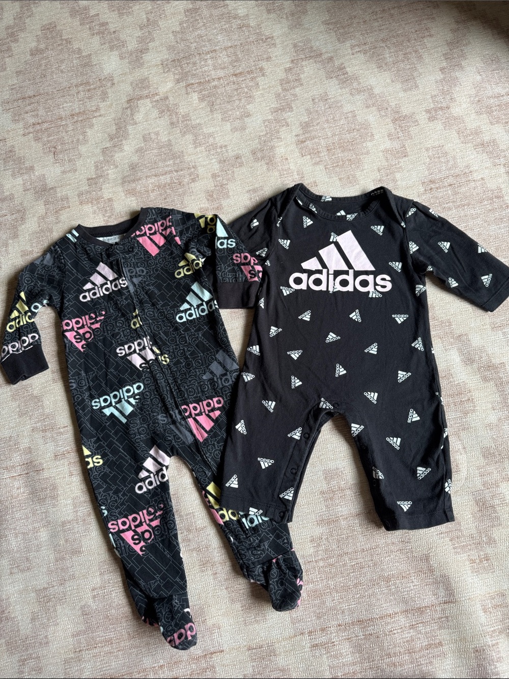 adidas Baby Bundle Footie with Pink & Yellow Logos and Romper with Pink Logo 6M
